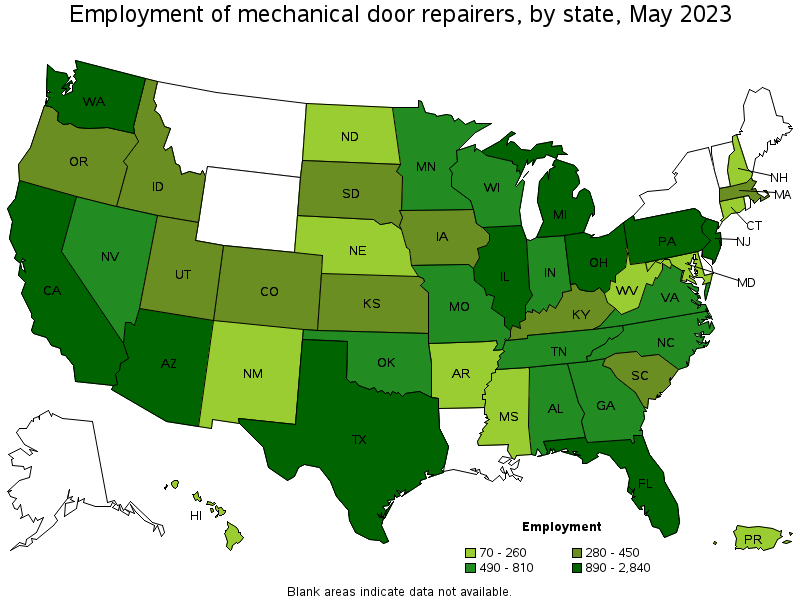 Map of employment of mechanical door repairers by state, May 2022