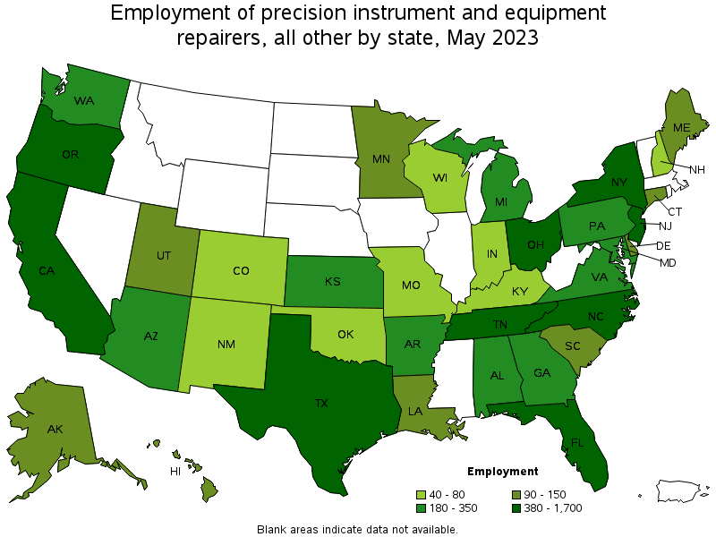 Map of employment of precision instrument and equipment repairers, all other by state, May 2021
