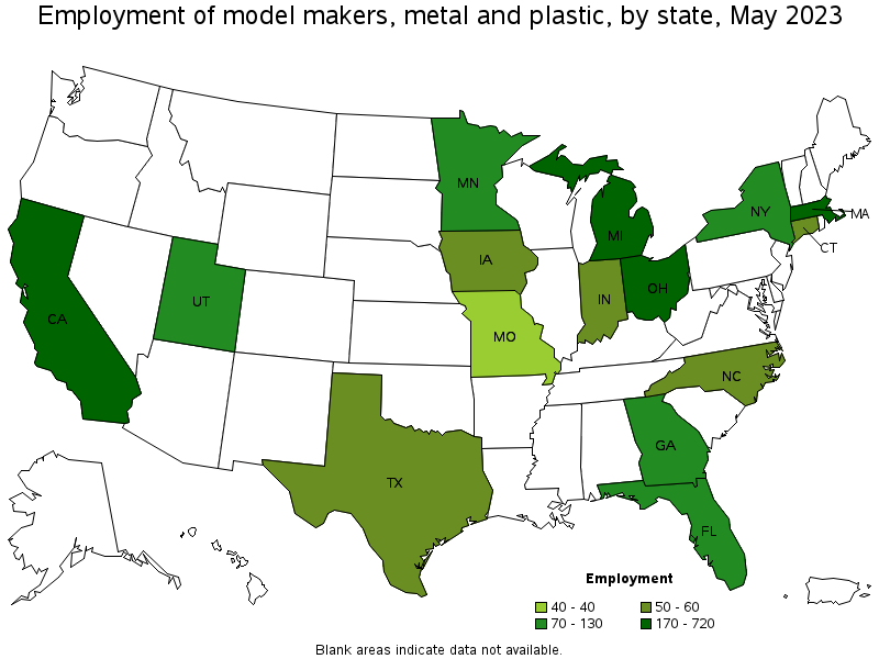 Map of employment of model makers, metal and plastic by state, May 2022