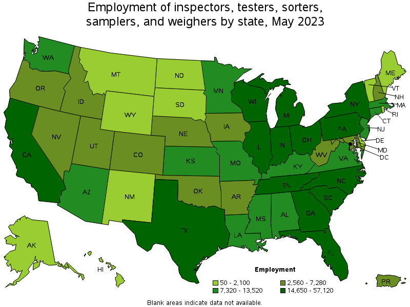 Map of employment of inspectors, testers, sorters, samplers, and weighers by state, May 2022