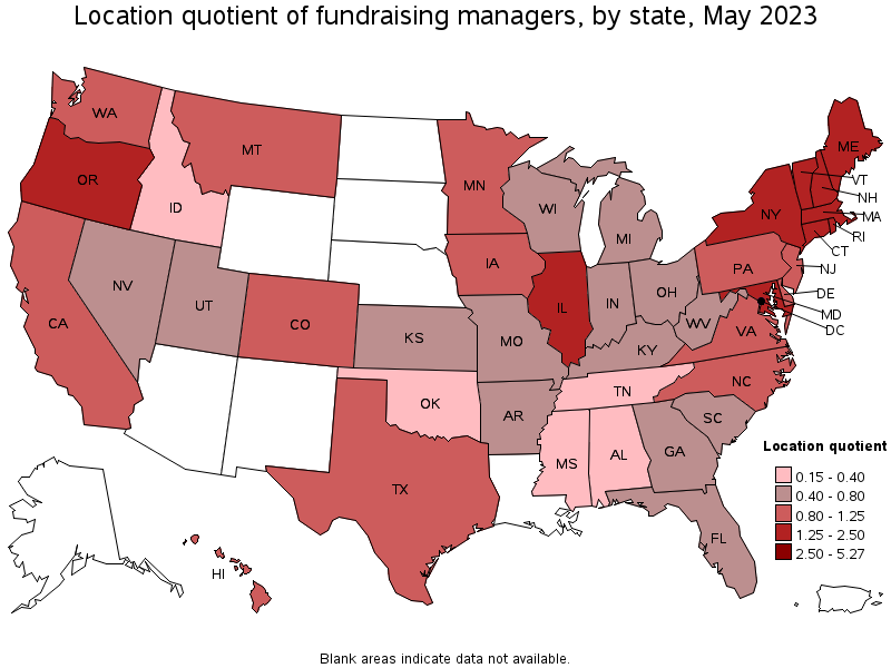 Map of location quotient of fundraising managers by state, May 2022