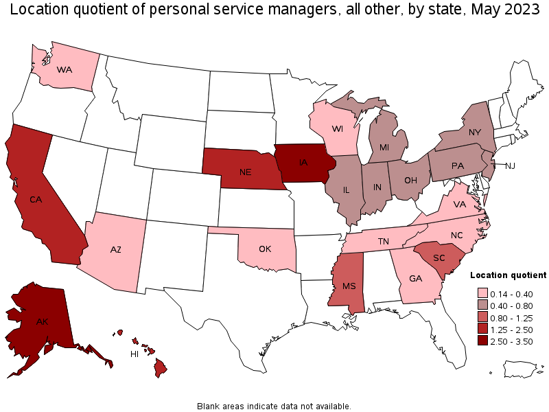 Map of location quotient of personal service managers, all other by state, May 2022
