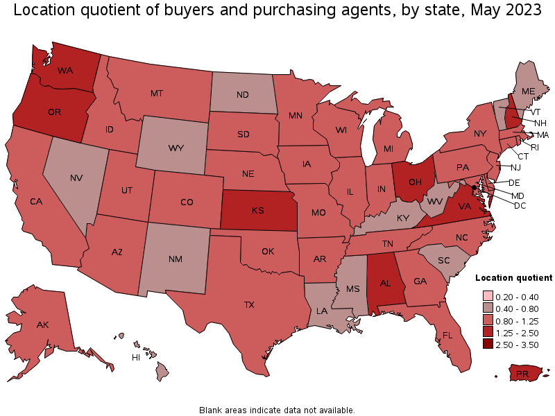 Map of location quotient of buyers and purchasing agents by state, May 2022