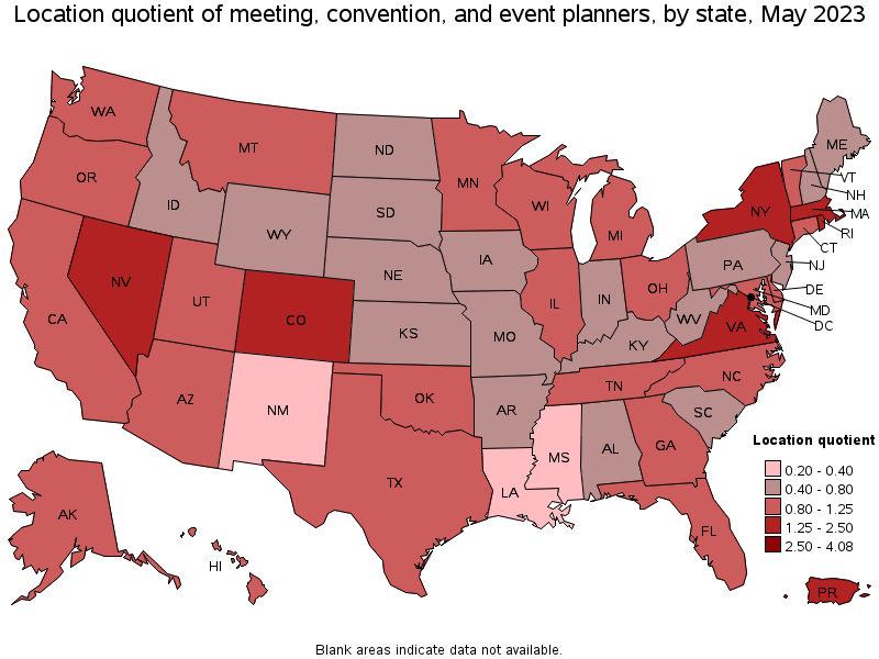 Map of location quotient of meeting, convention, and event planners by state, May 2021