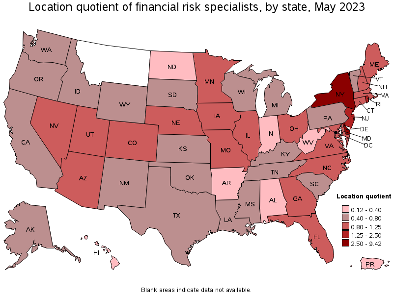 Map of location quotient of financial risk specialists by state, May 2022