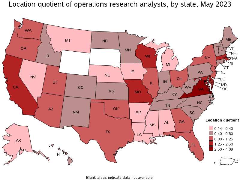Map of location quotient of operations research analysts by state, May 2022