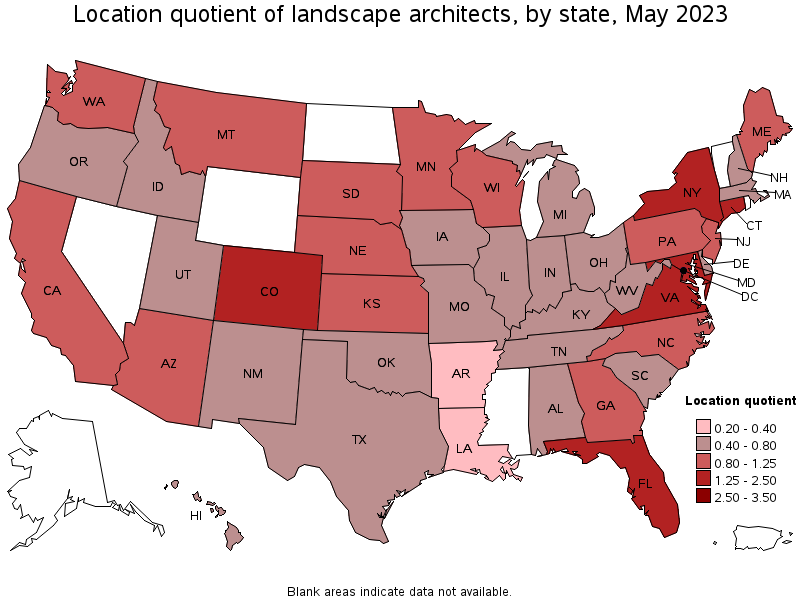 Map of location quotient of landscape architects by state, May 2022