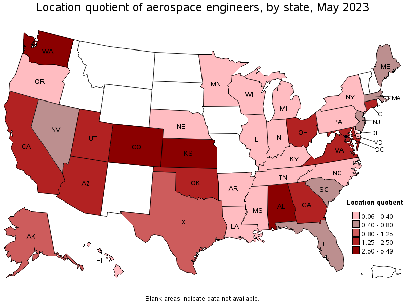 Map of location quotient of aerospace engineers by state, May 2021