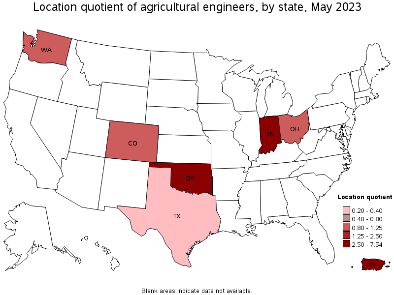 Map of location quotient of agricultural engineers by state, May 2022