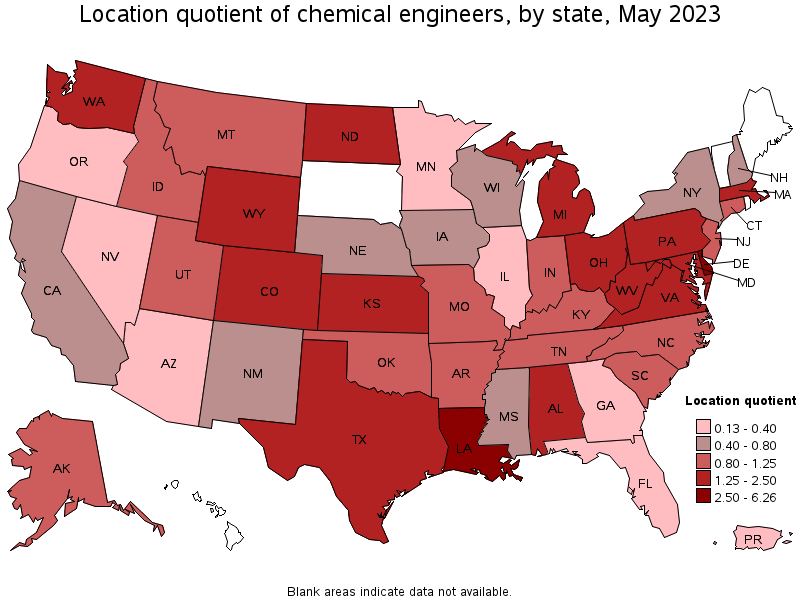 Map of location quotient of chemical engineers by state, May 2022