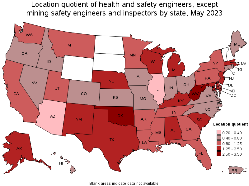 Map of location quotient of health and safety engineers, except mining safety engineers and inspectors by state, May 2021