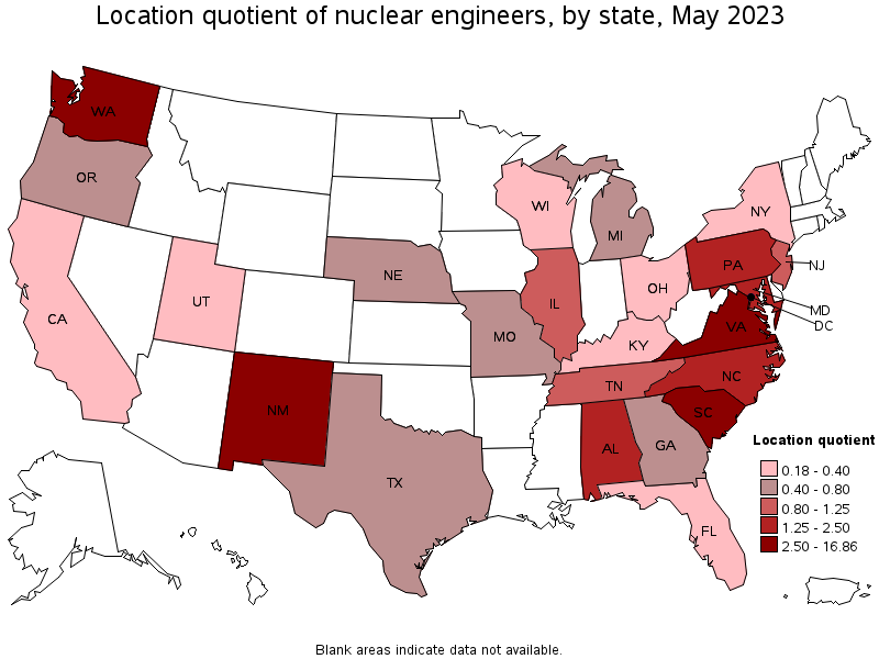 Map of location quotient of nuclear engineers by state, May 2021