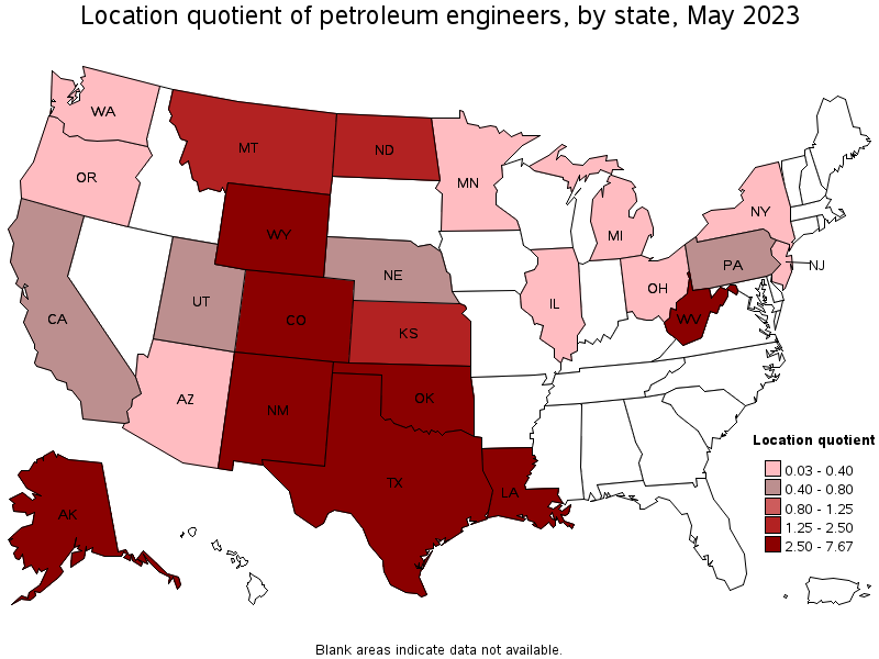 Map of location quotient of petroleum engineers by state, May 2022