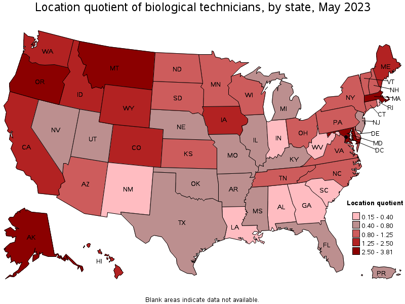 Map of location quotient of biological technicians by state, May 2021