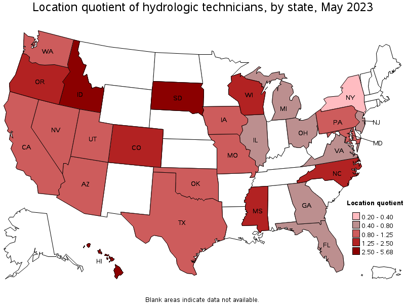 Map of location quotient of hydrologic technicians by state, May 2021