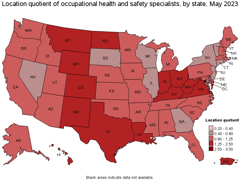 Map of location quotient of occupational health and safety specialists by state, May 2021