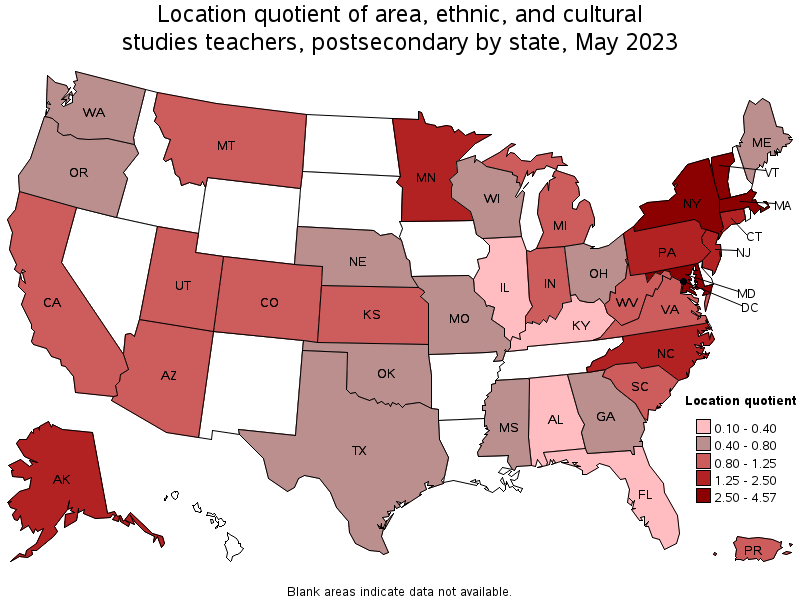 Map of location quotient of area, ethnic, and cultural studies teachers, postsecondary by state, May 2022
