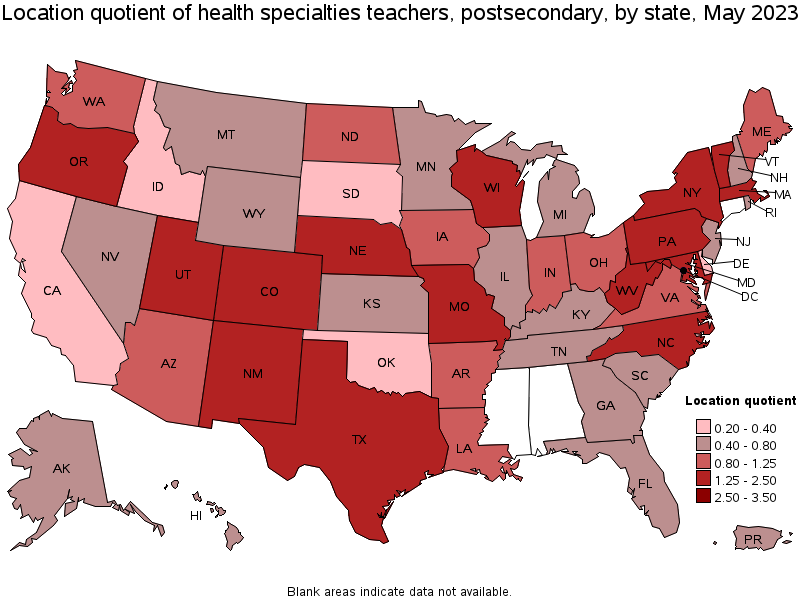 Map of location quotient of health specialties teachers, postsecondary by state, May 2022