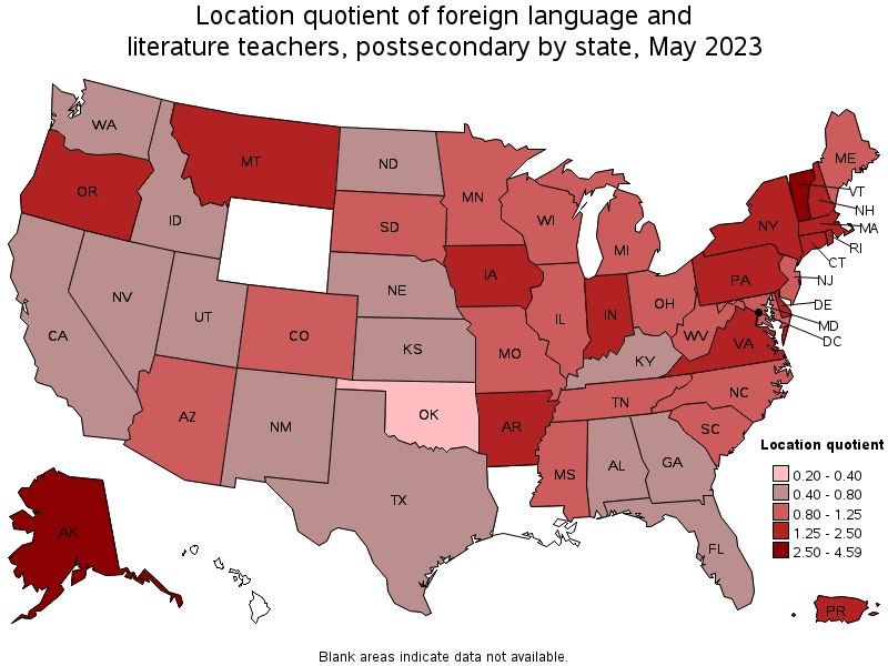 Map of location quotient of foreign language and literature teachers, postsecondary by state, May 2022