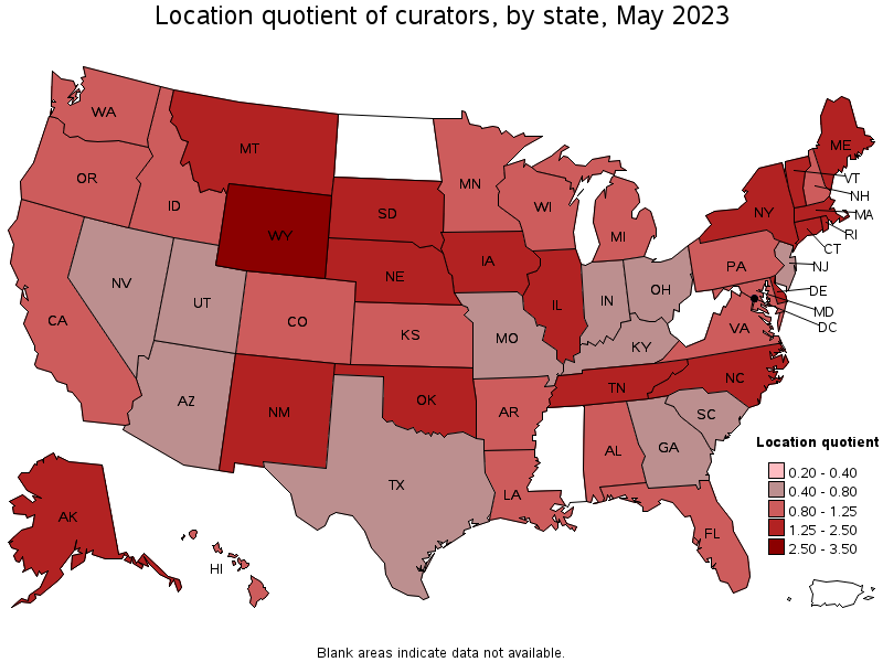 Map of location quotient of curators by state, May 2022