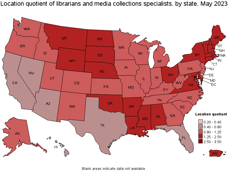 Map of location quotient of librarians and media collections specialists by state, May 2022