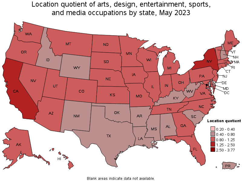 Map of location quotient of arts, design, entertainment, sports, and media occupations by state, May 2021