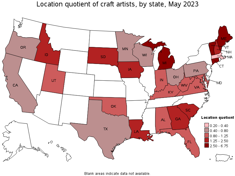 Map of location quotient of craft artists by state, May 2022