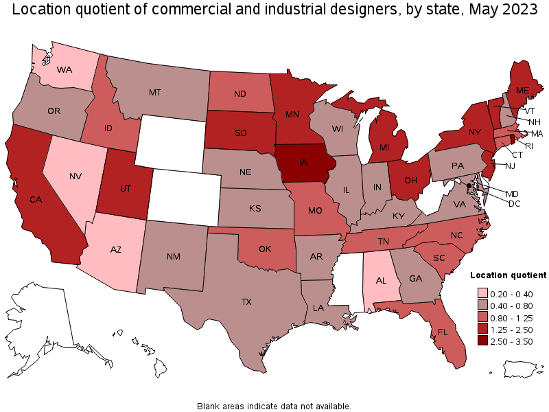 Map of location quotient of commercial and industrial designers by state, May 2022