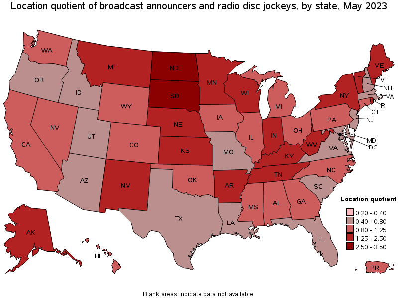Map of location quotient of broadcast announcers and radio disc jockeys by state, May 2022