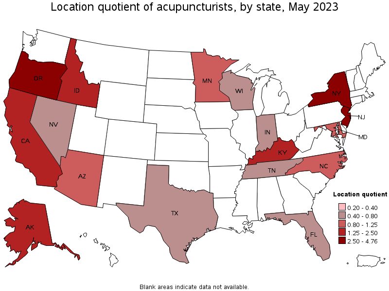 Map of location quotient of acupuncturists by state, May 2022