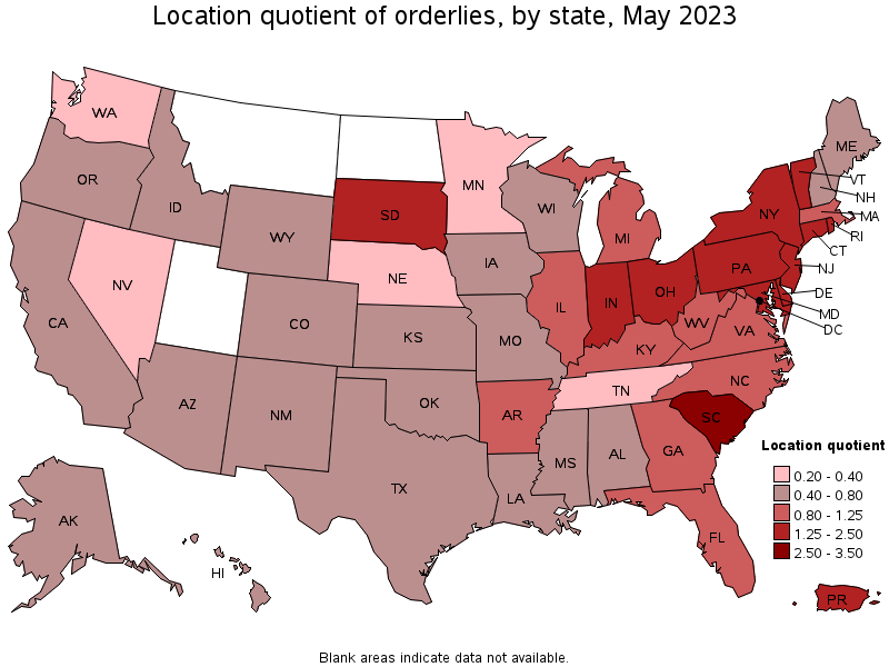 Map of location quotient of orderlies by state, May 2021