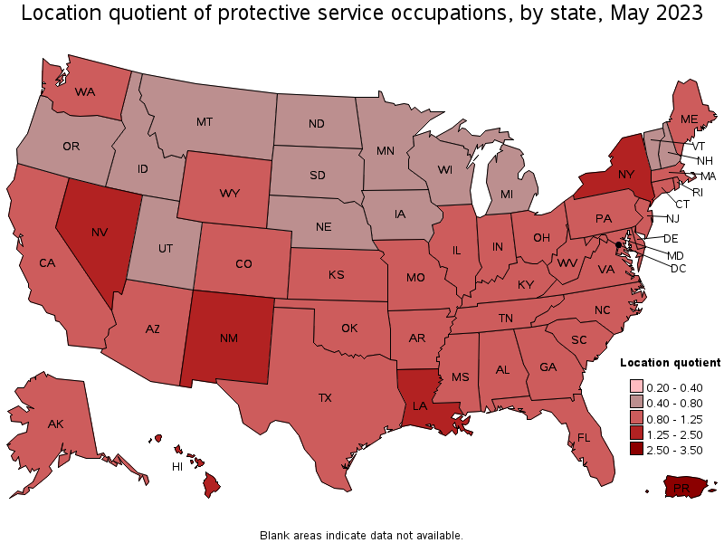Map of location quotient of protective service occupations by state, May 2022