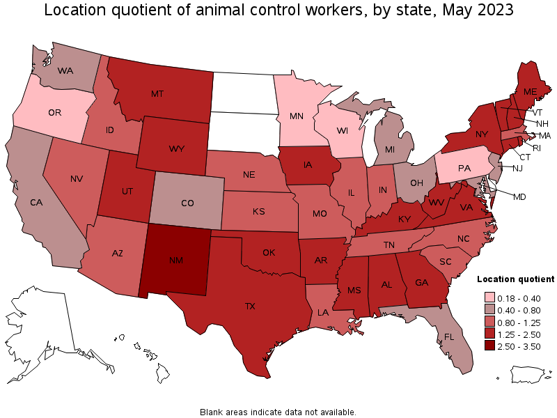 Map of location quotient of animal control workers by state, May 2021