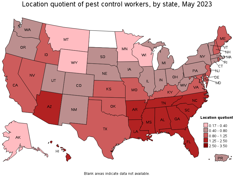 Map of location quotient of pest control workers by state, May 2022