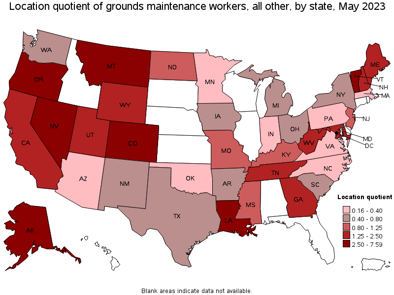 Map of location quotient of grounds maintenance workers, all other by state, May 2021