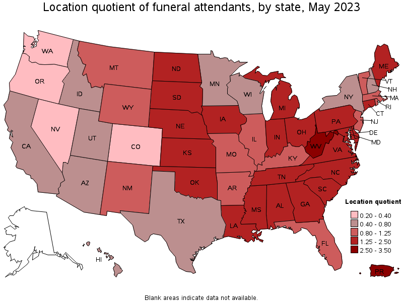 Map of location quotient of funeral attendants by state, May 2021