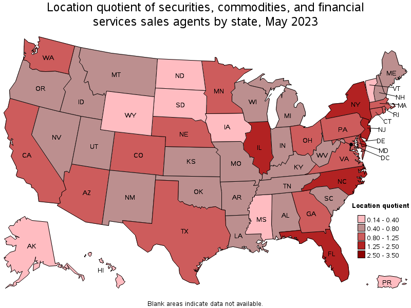 Map of location quotient of securities, commodities, and financial services sales agents by state, May 2022