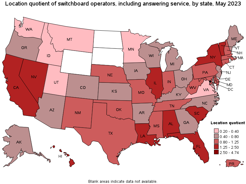 Map of location quotient of switchboard operators, including answering service by state, May 2022