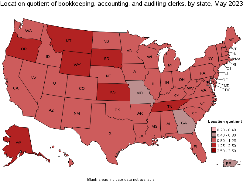 Map of location quotient of bookkeeping, accounting, and auditing clerks by state, May 2022