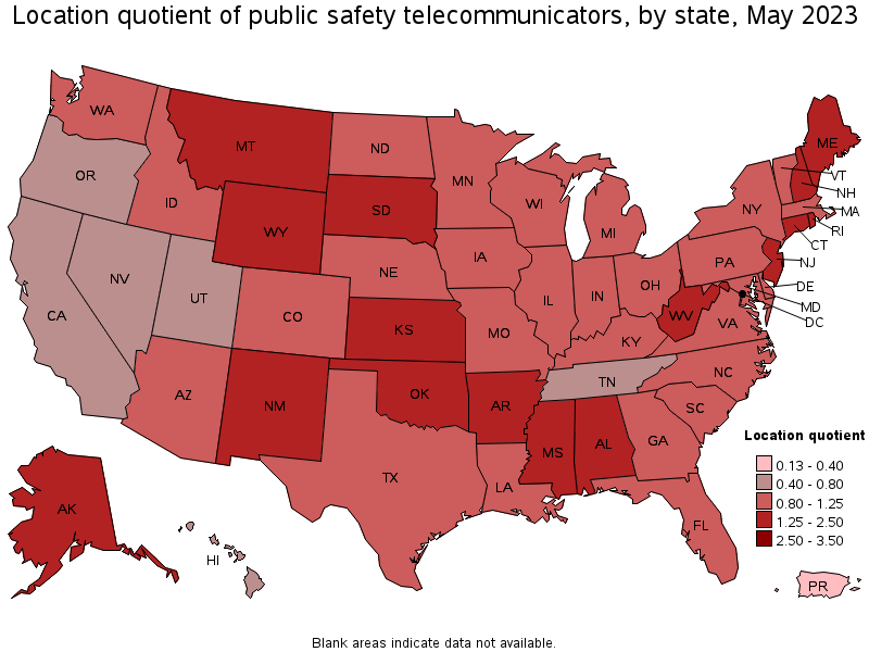 Map of location quotient of public safety telecommunicators by state, May 2021