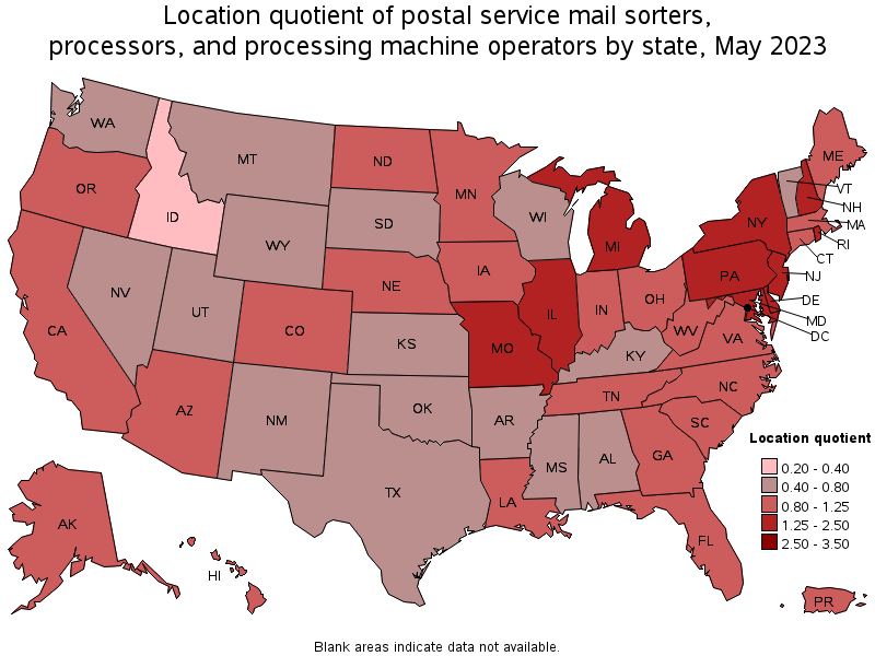 Map of location quotient of postal service mail sorters, processors, and processing machine operators by state, May 2022