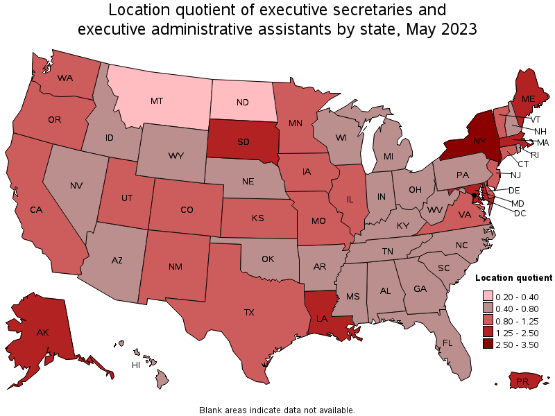 Map of location quotient of executive secretaries and executive administrative assistants by state, May 2022