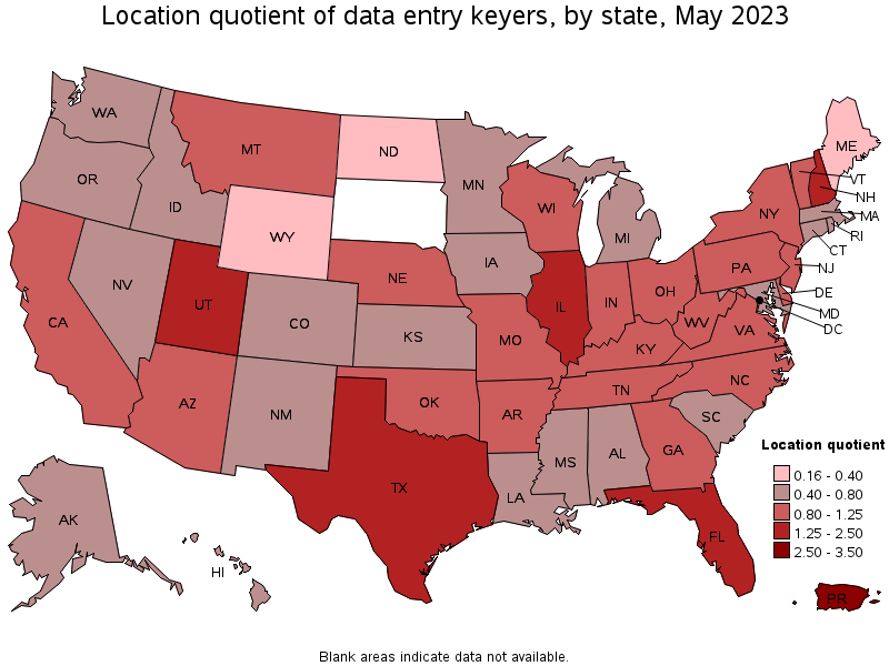 Map of location quotient of data entry keyers by state, May 2021