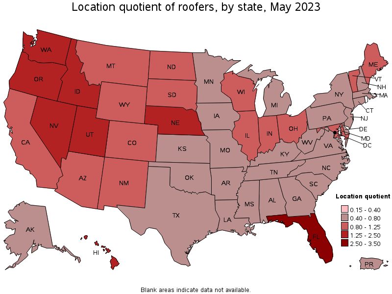 Map of location quotient of roofers by state, May 2022