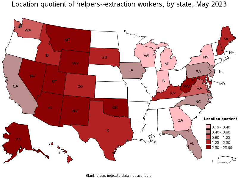 Map of location quotient of helpers--extraction workers by state, May 2021