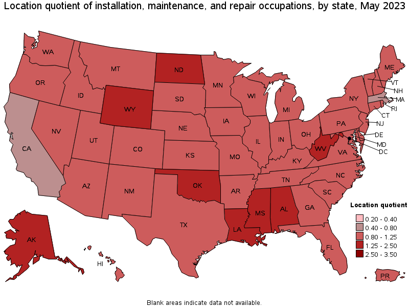 Map of location quotient of installation, maintenance, and repair occupations by state, May 2021