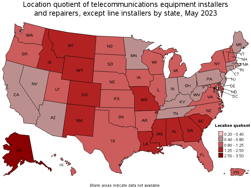 Map of location quotient of telecommunications equipment installers and repairers, except line installers by state, May 2021