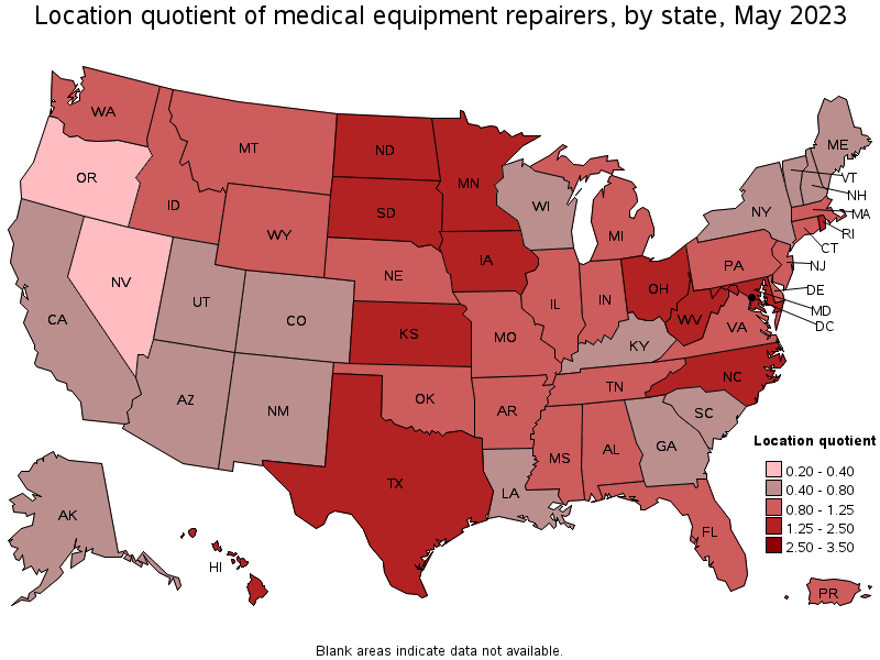 Map of location quotient of medical equipment repairers by state, May 2022