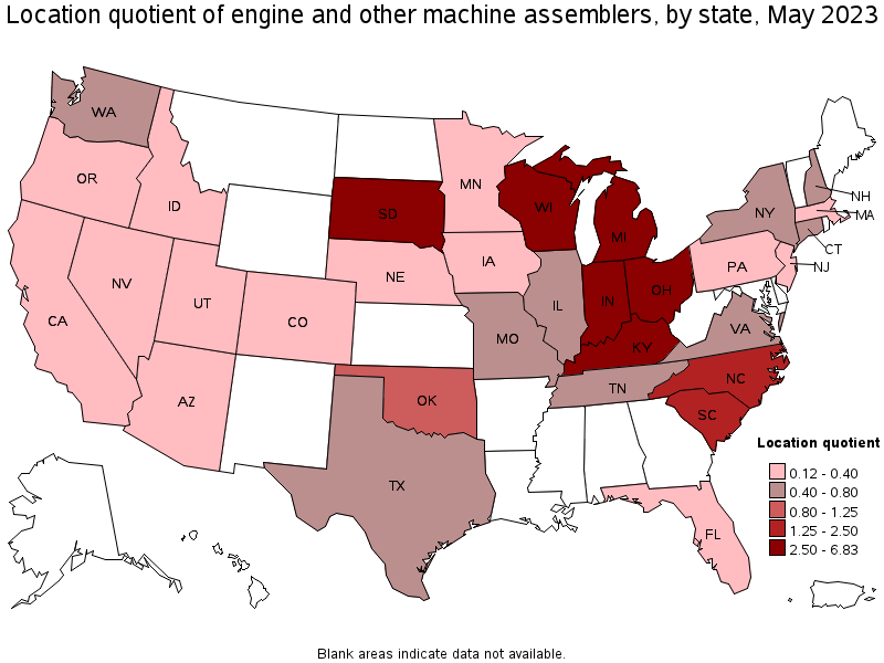 Map of location quotient of engine and other machine assemblers by state, May 2022