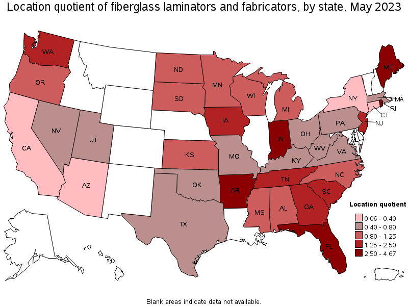 Map of location quotient of fiberglass laminators and fabricators by state, May 2022